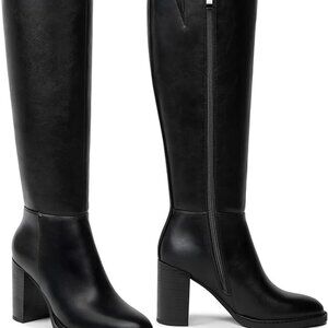 Black Square-Toe Chunk Heel Knee High Boots